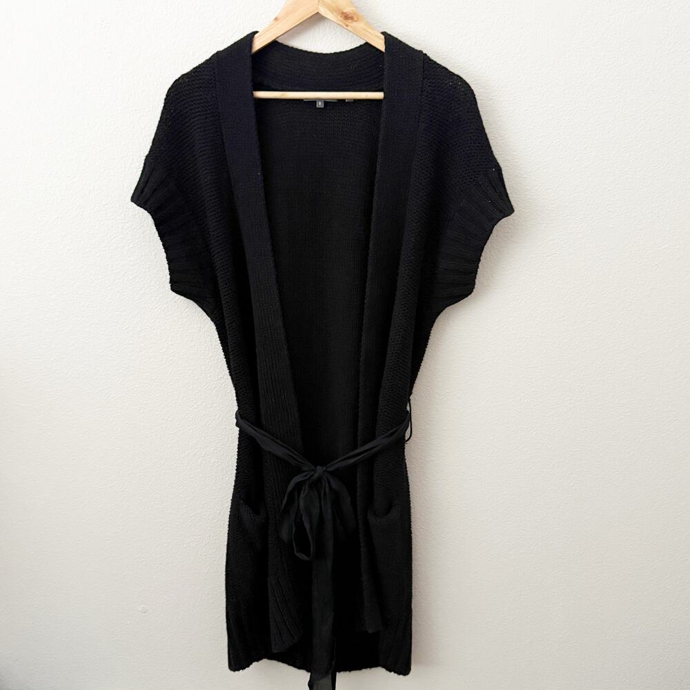VINCE. | Black Long Line Cardigan with Tie‎ Belt Cap Sleeve Oversized | Small